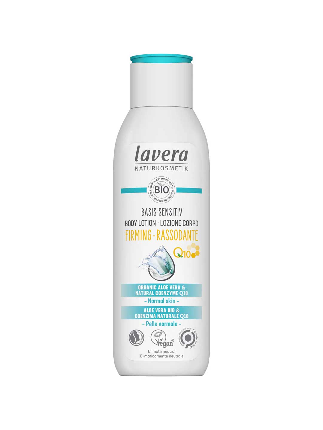 A white bottle of Lavera Basis Sensitiv Body Lotion Firming Q10 250ml for normal skin, with a blue cap and labels featuring organic aloe vera, Q10 for firming, and vegan, natural ingredients.