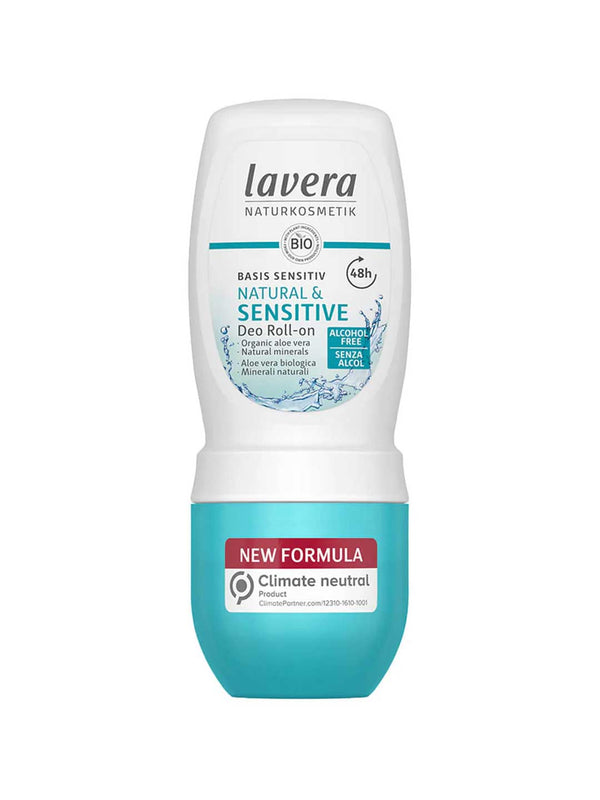 A white and turquoise Lavera Basis Sensitiv Deodorant Roll On - Natural & Sensitive 50ml bottle features New Formula and Climate Neutral Product labels; this aluminium-free deodorant is ideal for delicate skin.