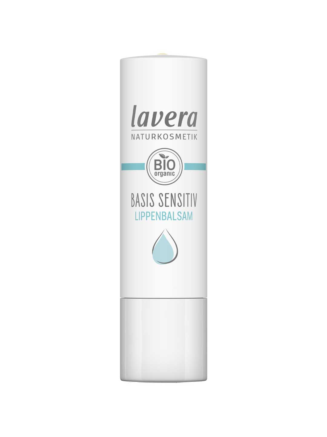 A white tube of Lavera Basis Sensitiv Lip Balm 4.5g with blue accents, featuring the Lavera Naturkosmetik logo, BIO organic label, and a blue water droplet, specially formulated for sensitive lips with organic jojoba oil.