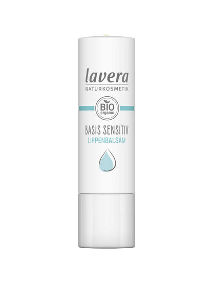 A white tube of Lavera Basis Sensitiv Lip Balm 4.5g with blue accents, featuring the Lavera Naturkosmetik logo, BIO organic label, and a blue water droplet, specially formulated for sensitive lips with organic jojoba oil.
