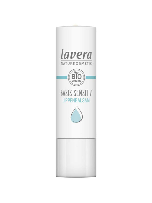 A white tube of Lavera Basis Sensitiv Lip Balm 4.5g with blue accents, featuring the Lavera Naturkosmetik logo, BIO organic label, and a blue water droplet, specially formulated for sensitive lips with organic jojoba oil.