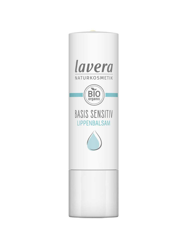A white tube of Lavera Basis Sensitiv Lip Balm 4.5g with blue accents, featuring the Lavera Naturkosmetik logo, BIO organic label, and a blue water droplet, specially formulated for sensitive lips with organic jojoba oil.