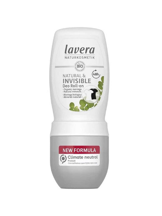 A white bottle of Lavera Deodorant Roll On - Natural & Invisible 50ml, labeled vegan and climate neutral, featuring a red "New Formula" banner. Offers 48-hour protection, no white marks, and is aluminium free.