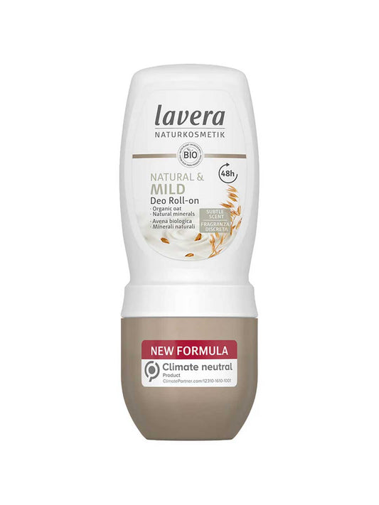 Lavera Deodorant Roll On - Natural & Mild 50ml is an aluminium-free, climate neutral deodorant in mostly white packaging with a brown base and wheat graphics, emphasizing its gentle, natural formula.