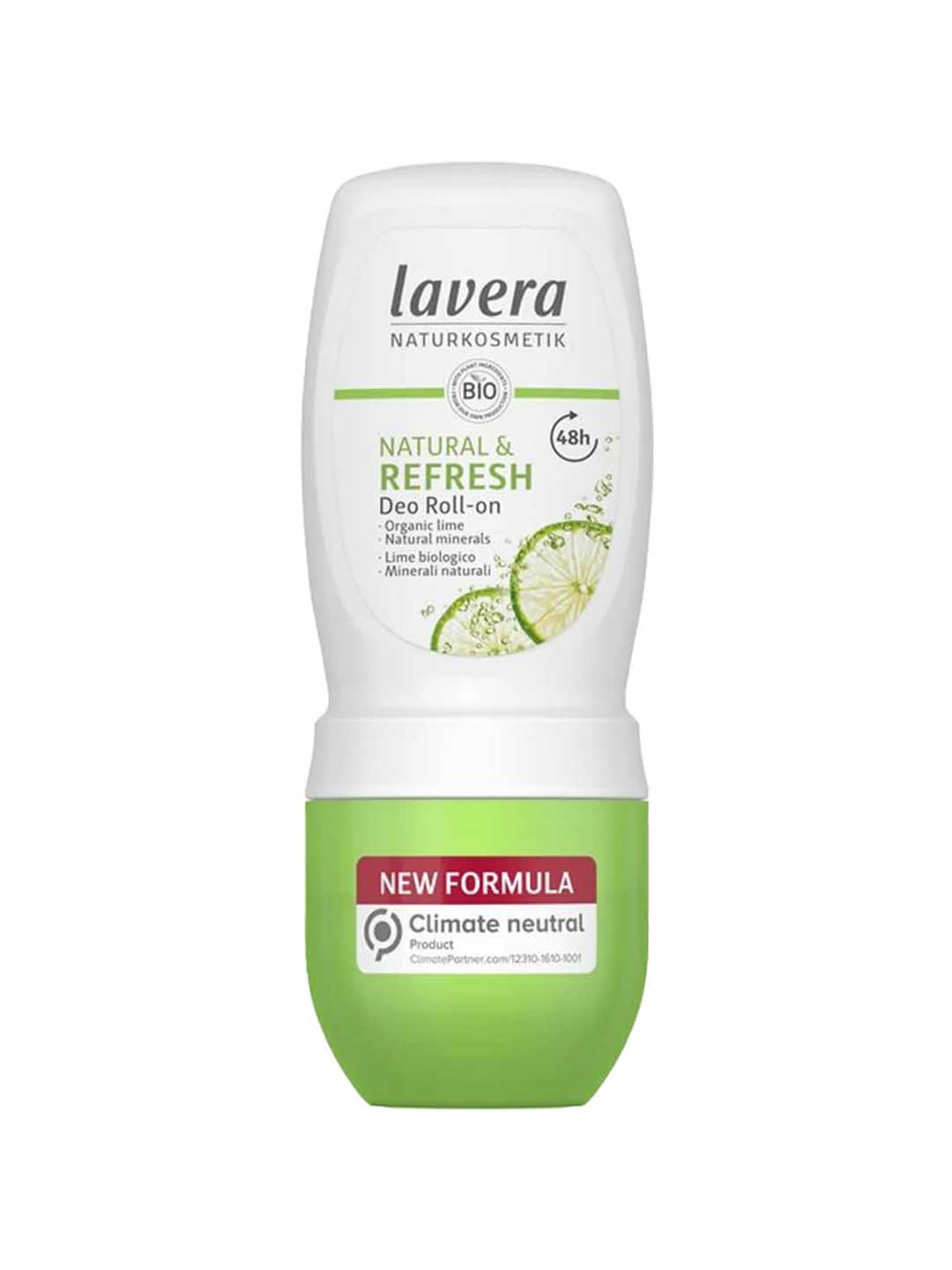 A 50ml green and white bottle of Lavera Deodorant Roll On - Natural & Refresh, featuring a refreshing citrus scent.