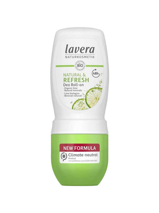A 50ml green and white bottle of Lavera Deodorant Roll On - Natural & Refresh, featuring a refreshing citrus scent.