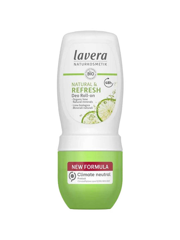 A 50ml green and white bottle of Lavera Deodorant Roll On - Natural & Refresh, featuring a refreshing citrus scent.