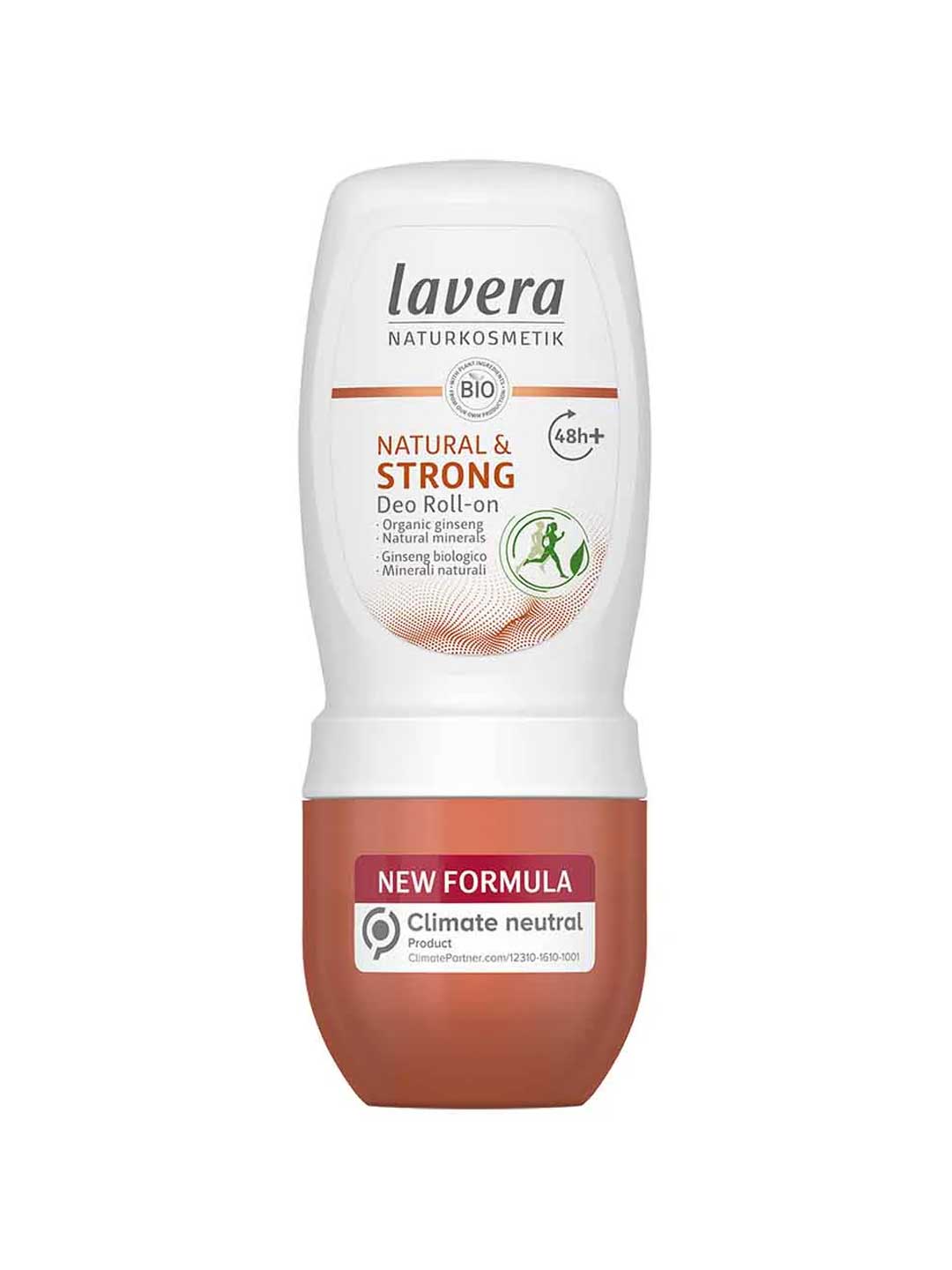 A 50ml Lavera Deodorant Roll On - Natural & Strong, vegan, with New Formula and Climate Neutral Product labels, featuring a white top and orange bottom section.