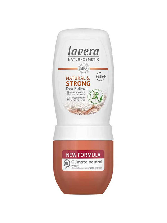 A 50ml Lavera Deodorant Roll On - Natural & Strong, vegan, with New Formula and Climate Neutral Product labels, featuring a white top and orange bottom section.