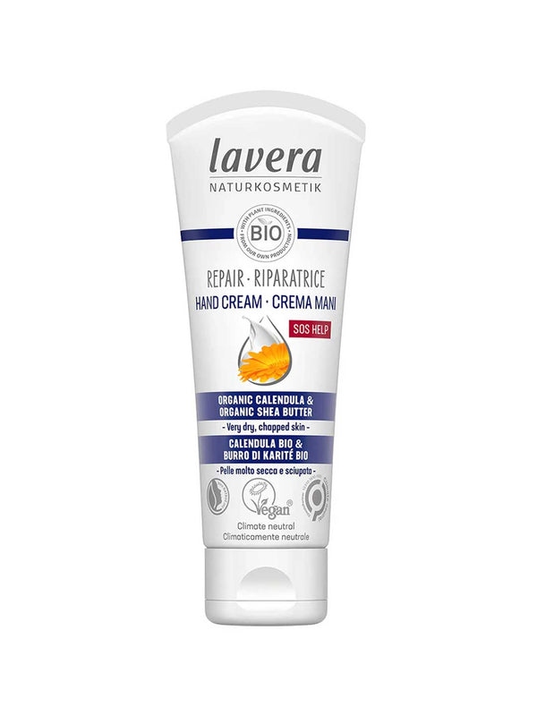 Lavera RepairHand Cream 75ml is a white tube hand cream with Shea Butter and organic Calendula, designed for very dry, chapped skin. The packaging features vegan and climate-neutral certifications.