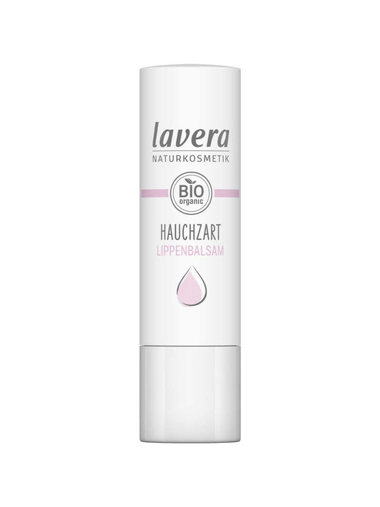 A white tube of Lavera Lip Balm Sheer 4.5g with a natural pink tint, featuring a pink droplet icon and “BIO organic” on the packaging.