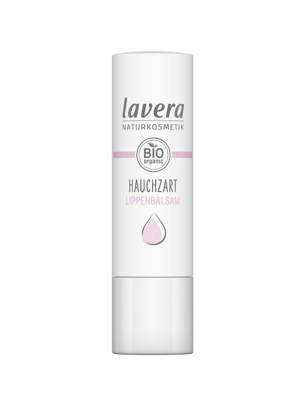 A white tube of Lavera Lip Balm Sheer 4.5g with a natural pink tint, featuring a pink droplet icon and “BIO organic” on the packaging.
