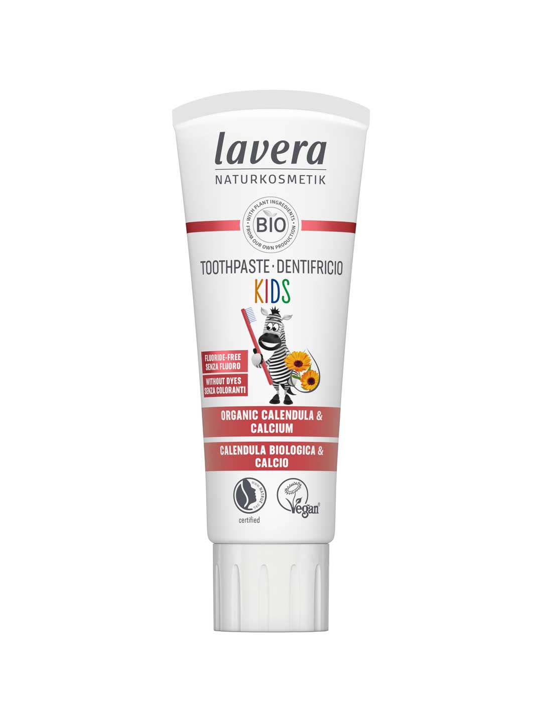 White Lavera Kids toothpaste tube with red bands, a cartoon zebra and a white screw cap.