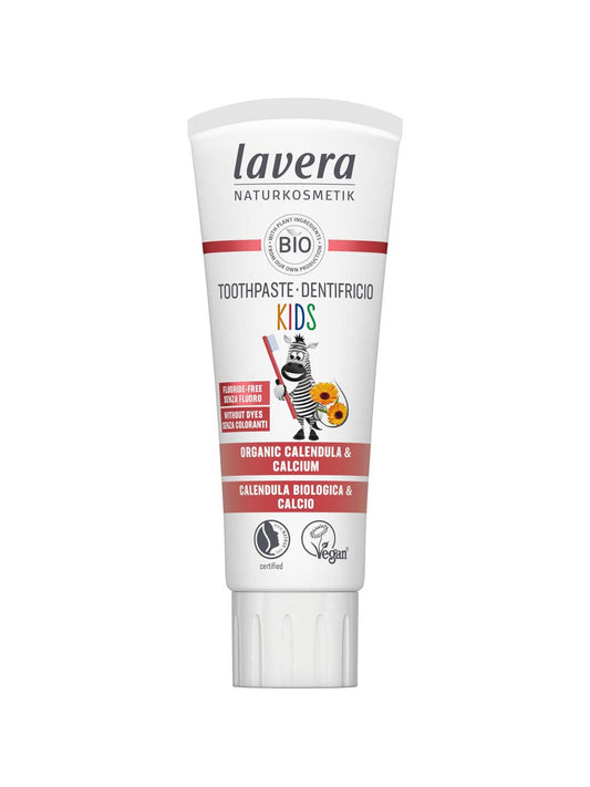 White Lavera Kids toothpaste tube with red bands, a cartoon zebra and a white screw cap.