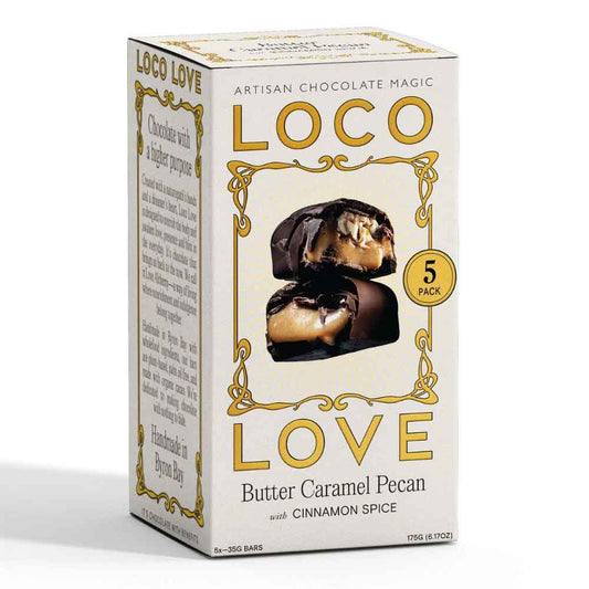 Box of Loco Love Butter Caramel Pecan chocolate with cinnamon spice on a white background