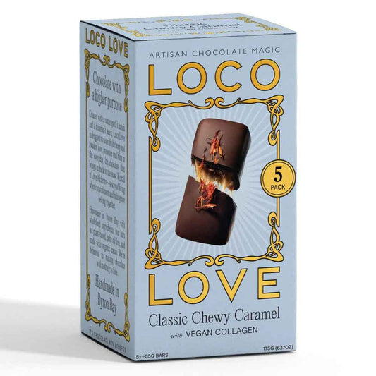 Box of Loco Love chocolate - classic chewy caramel with vegan collagen on a light blue background