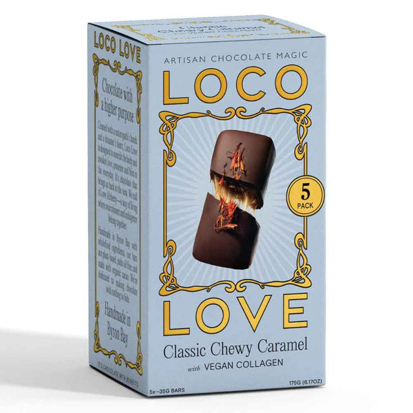 Box of Loco Love chocolate - classic chewy caramel with vegan collagen on a light blue background