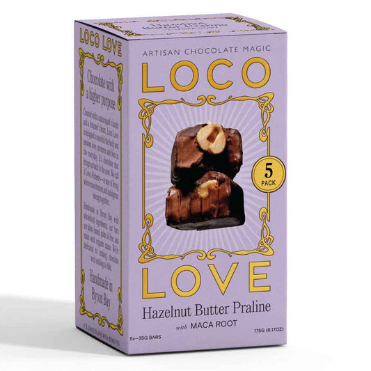 Box of Loco Love hazelnut butter praline chocolate on a white background