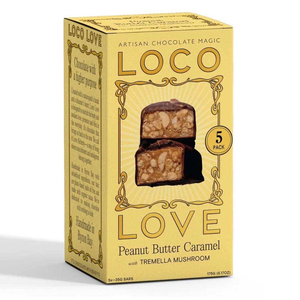 Box of Loco Love Peanut Butter Caramel with Tremella Mushroom on a white background