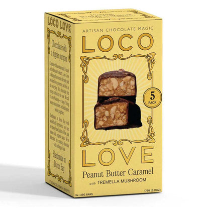 Box of Loco Love Peanut Butter Caramel with Tremella Mushroom on a white background