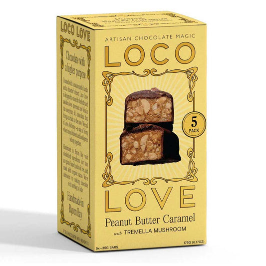 Box of Loco Love Peanut Butter Caramel with Tremella Mushroom on a white background