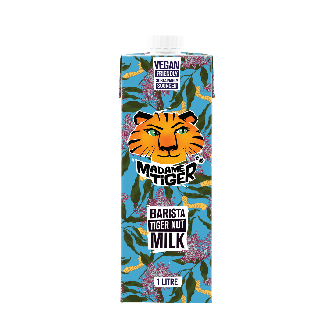 Carton of Madame Tiger Barista Tiger Nut Milk with tiger design on a white background