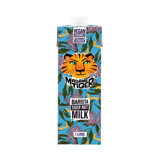 Carton of Madame Tiger Barista Tiger Nut Milk with tiger design on a white background