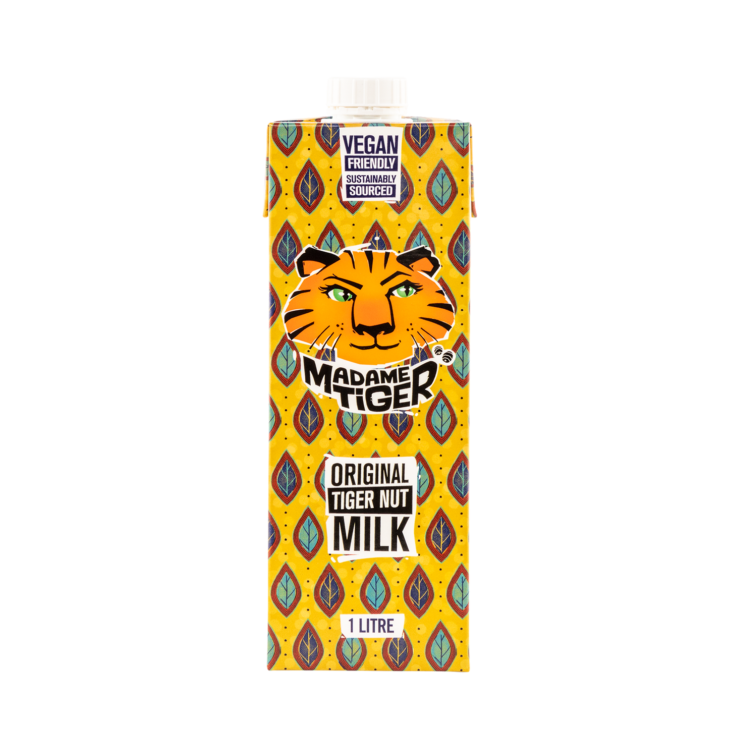 Carton of Madame Tiger Original Tiger Nut Milk with a tiger logo on a yellow background