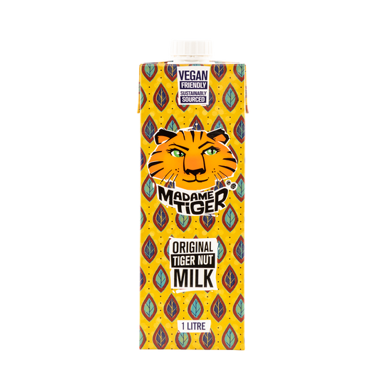 Carton of Madame Tiger Original Tiger Nut Milk with a tiger logo on a yellow background