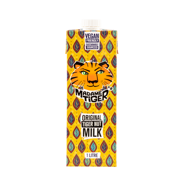 Carton of Madame Tiger Original Tiger Nut Milk with a tiger logo on a yellow background