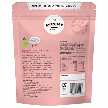 Back of a pink packaging for The Monday Food Co. product with text and branding.