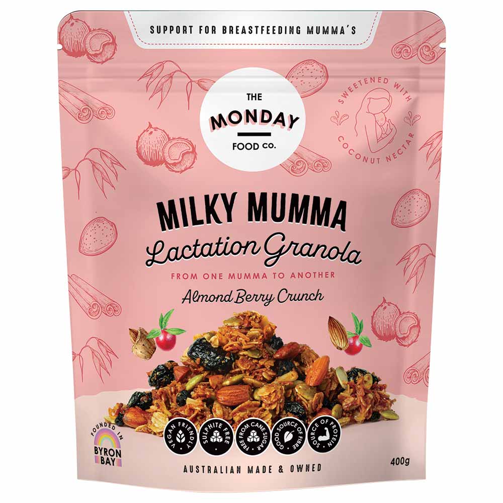 Pink packaging of Milky Mumma Lactation Granola with product image and branding details.