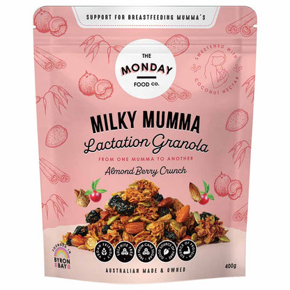 Pink packaging of Milky Mumma Lactation Granola with product image and branding details.