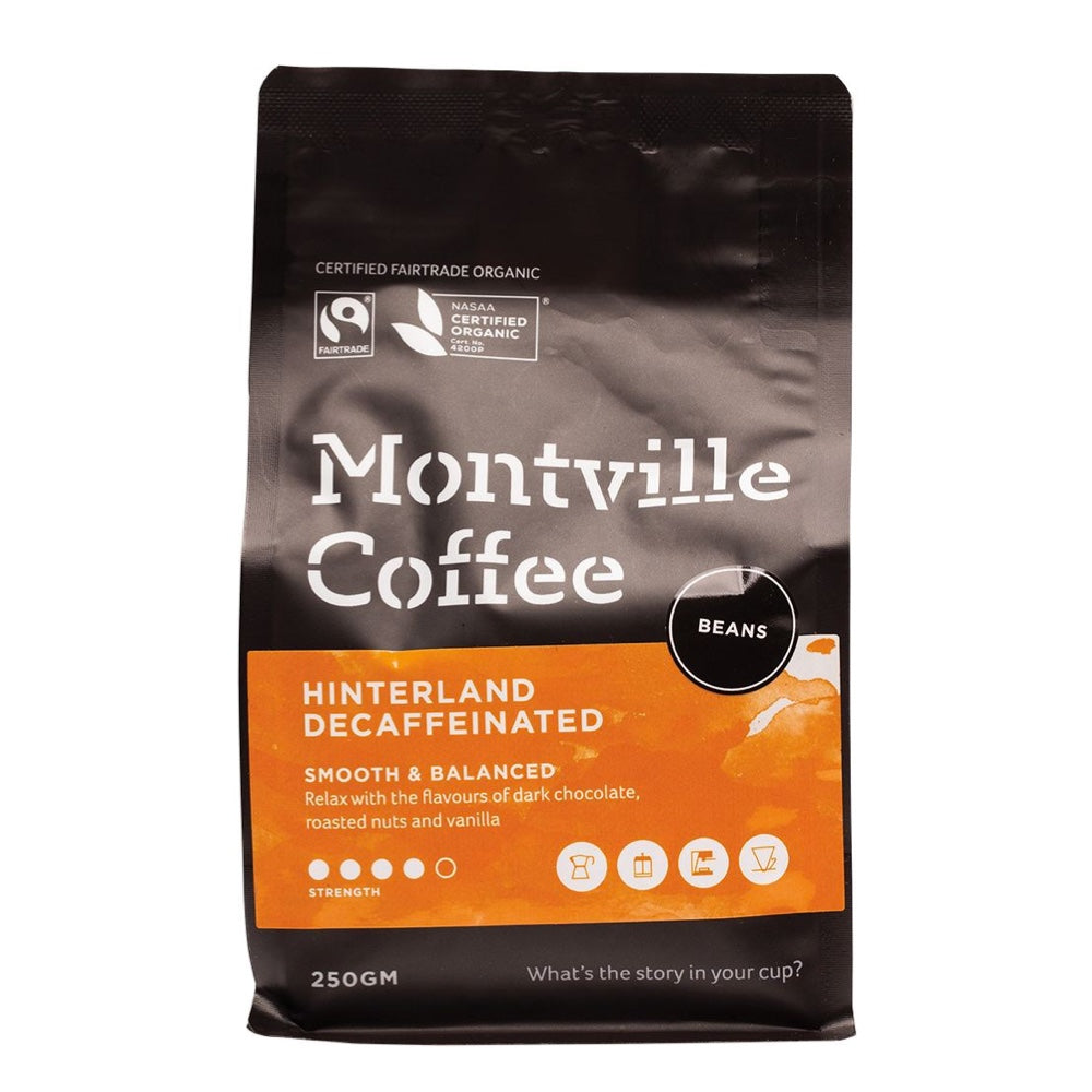Montville Coffee Hinterland Decaffeinated beans packaging on a white background