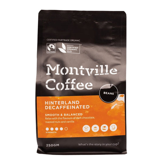 Montville Coffee Hinterland Decaffeinated beans packaging on a white background