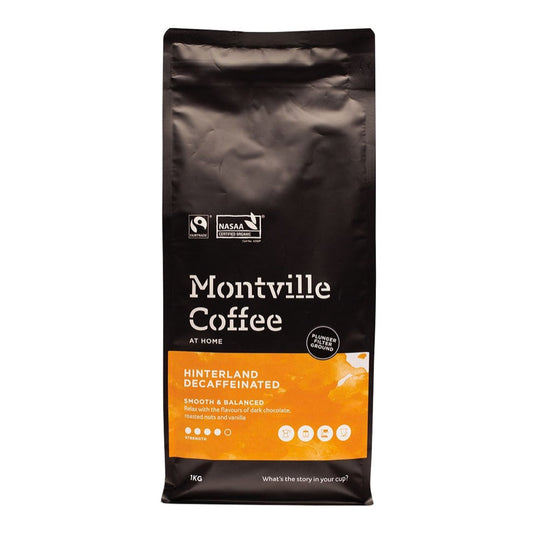 Montville Coffee package with black and orange design on a white background