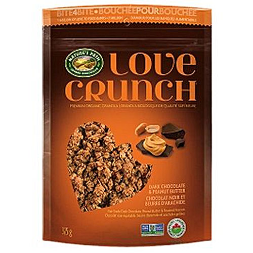 Love Crunch snack package with dark chocolate and peanut butter flavor on an orange background