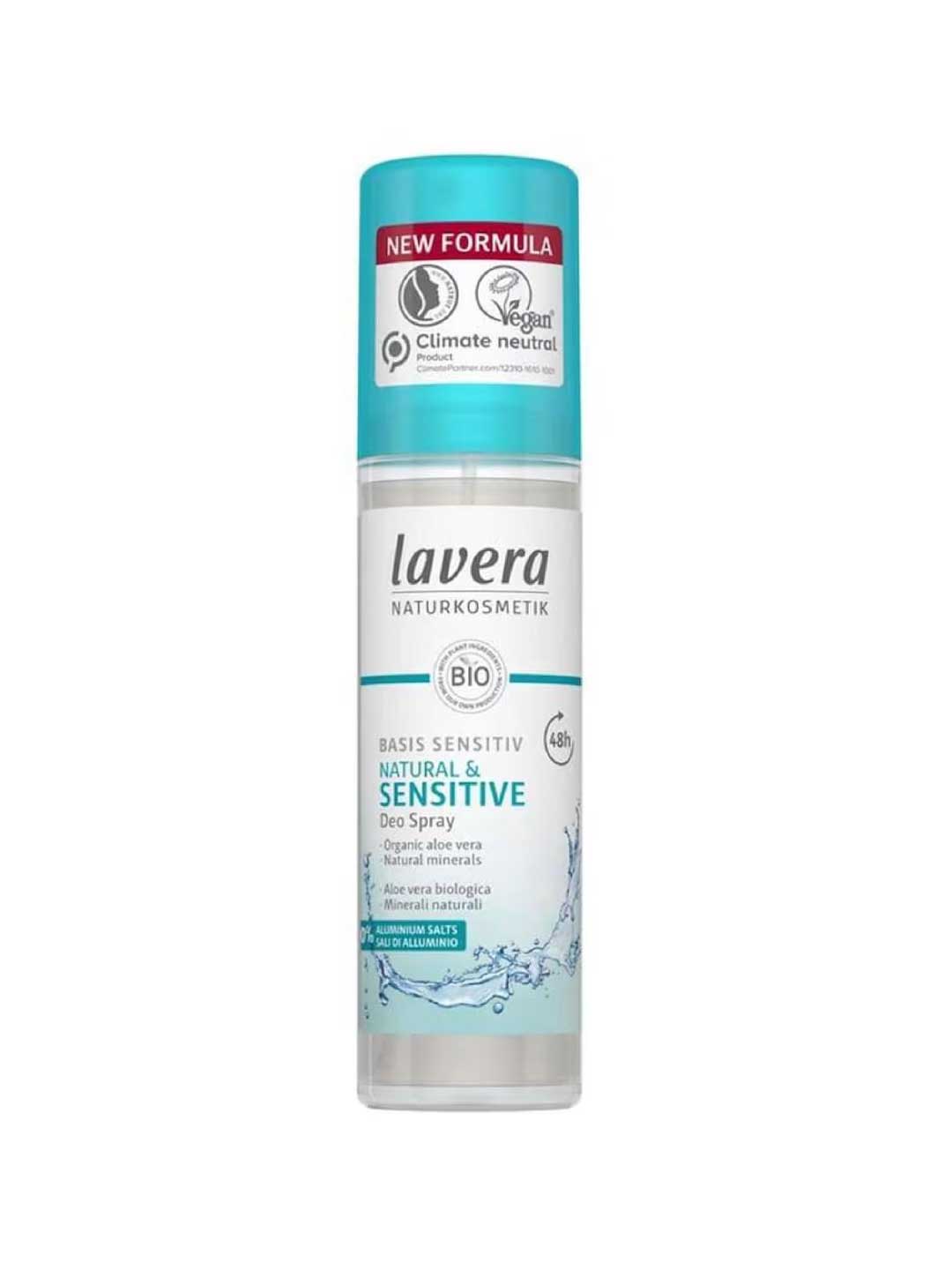 A 75ml bottle of Lavera Basis Sensitiv Deodorant Spray - Natural & Sensitive, with a white and turquoise design. This vegan, climate-neutral deodorant contains organic aloe vera, natural minerals, and is aluminium free for sensitive skin.