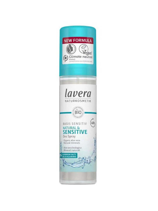 A 75ml bottle of Lavera Basis Sensitiv Deodorant Spray - Natural & Sensitive, with a white and turquoise design. This vegan, climate-neutral deodorant contains organic aloe vera, natural minerals, and is aluminium free for sensitive skin.