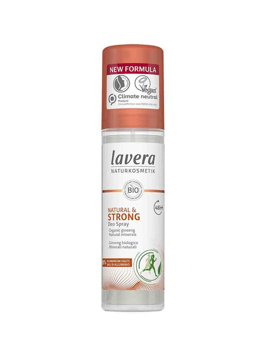 Tall clear Lavera Natural & Strong deodorant spray bottle with a terracotta-orange cap, matching label accents and a green circular figure graphic. A red New Formula banner appears on the cap.