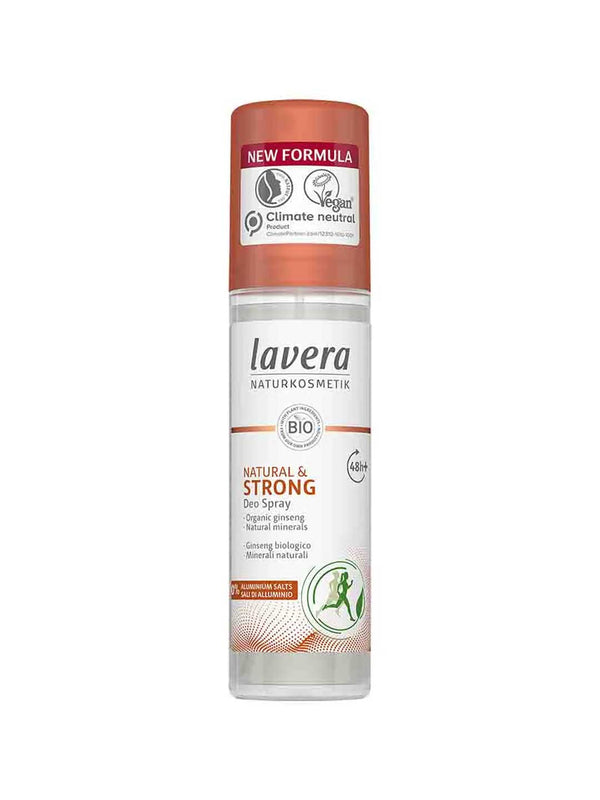 Tall clear Lavera Natural & Strong deodorant spray bottle with a terracotta-orange cap, matching label accents and a green circular figure graphic. A red New Formula banner appears on the cap.