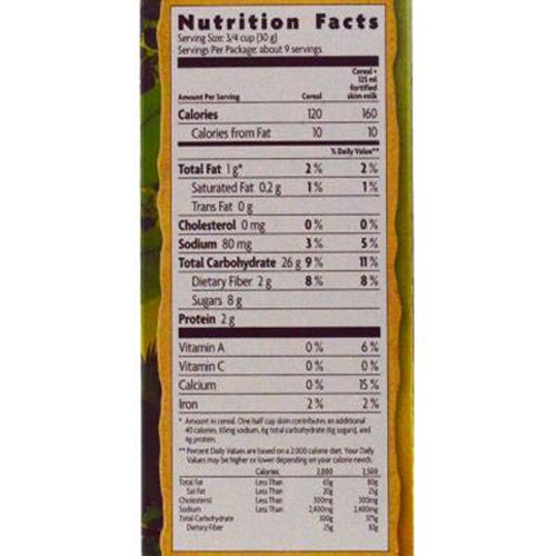 Nutrition facts label on a cereal box with a white background