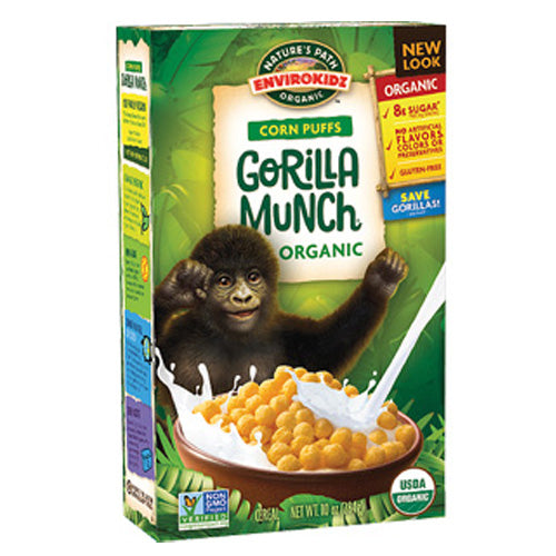 Box of Gorilla Munch Organic corn puffs with a gorilla on the packaging.