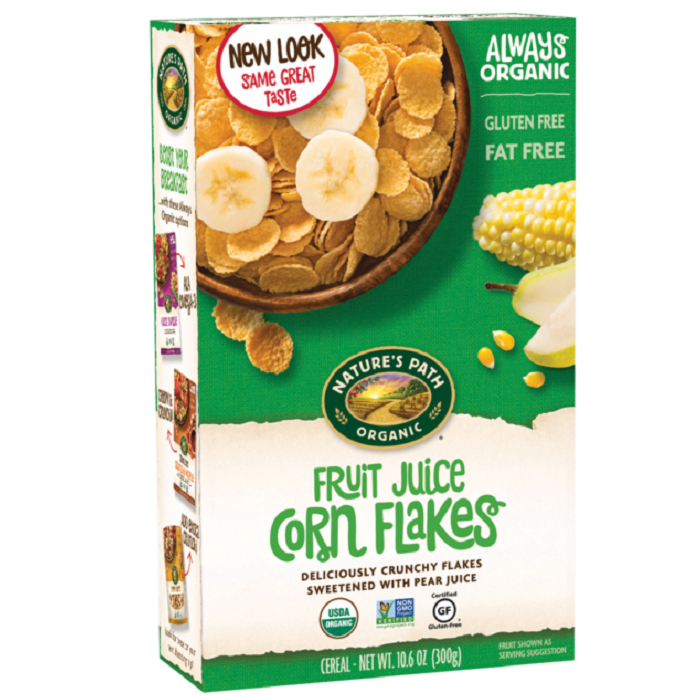 Box of Nature's Path Organic Fruit Juice Corn Flakes with a green and white design.