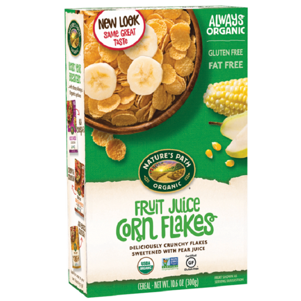 Box of Nature's Path Organic Fruit Juice Corn Flakes with a green and white design.