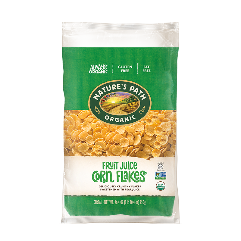 Nature's Path Organic Fruit Juice Corn Flakes package on a white background