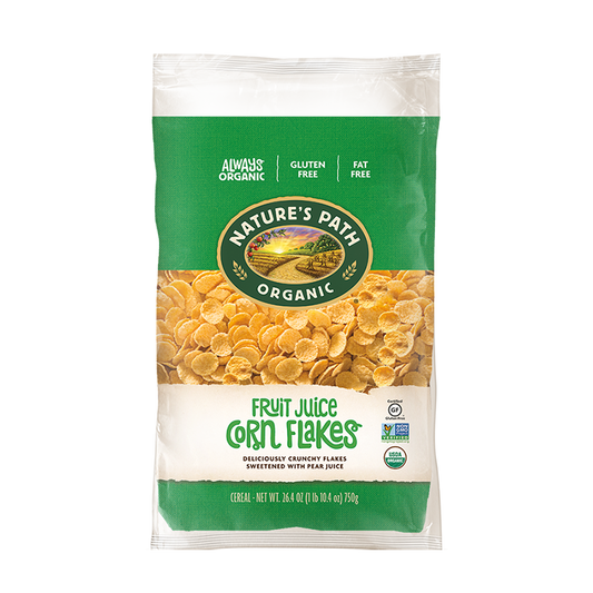 Nature's Path Organic Fruit Juice Corn Flakes package on a white background