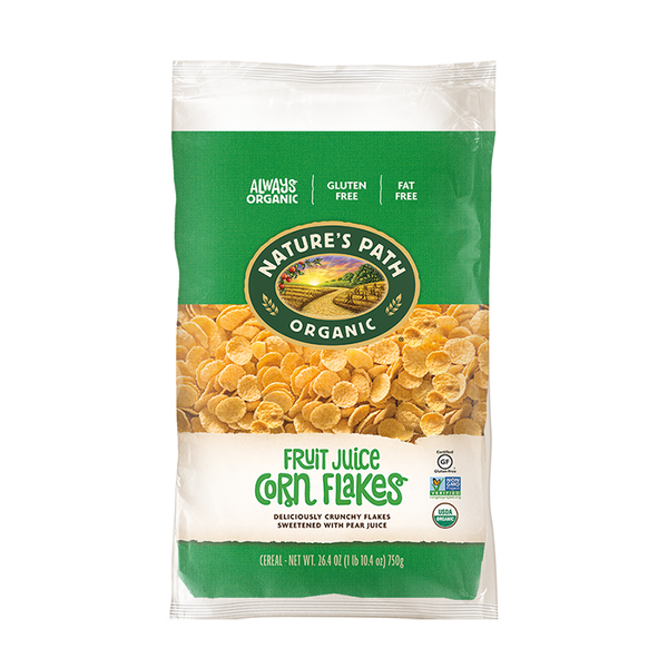 Nature's Path Organic Fruit Juice Corn Flakes package on a white background