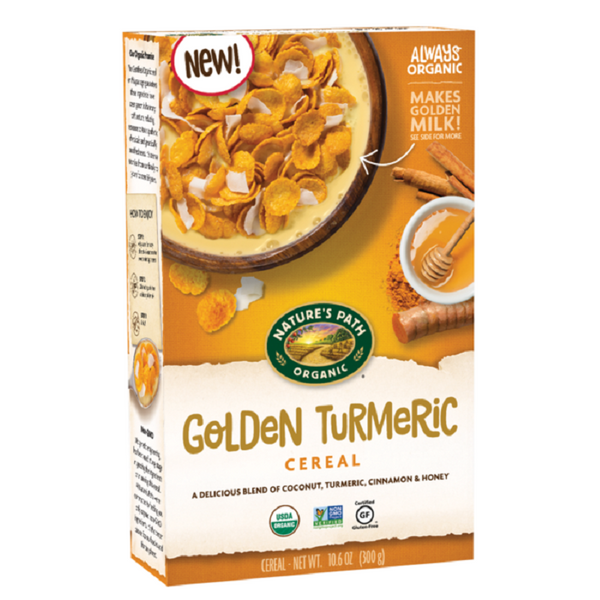 Box of Nature's Path Golden Turmeric Cereal with a bowl of cereal and turmeric latte on the front.