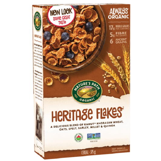 Box of Nature's Path Organic Heritage Flakes cereal with a bowl of cereal and blueberries on the front.
